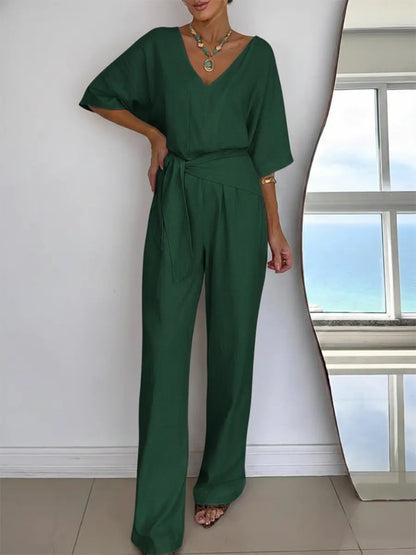Dames Jumpsuit met V-hals, Vleermuismouwen en Strikceintuur Groen