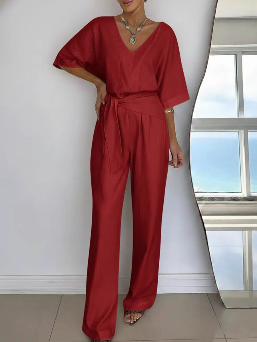 Dames Jumpsuit met V-hals, Vleermuismouwen en Strikceintuur Rood
