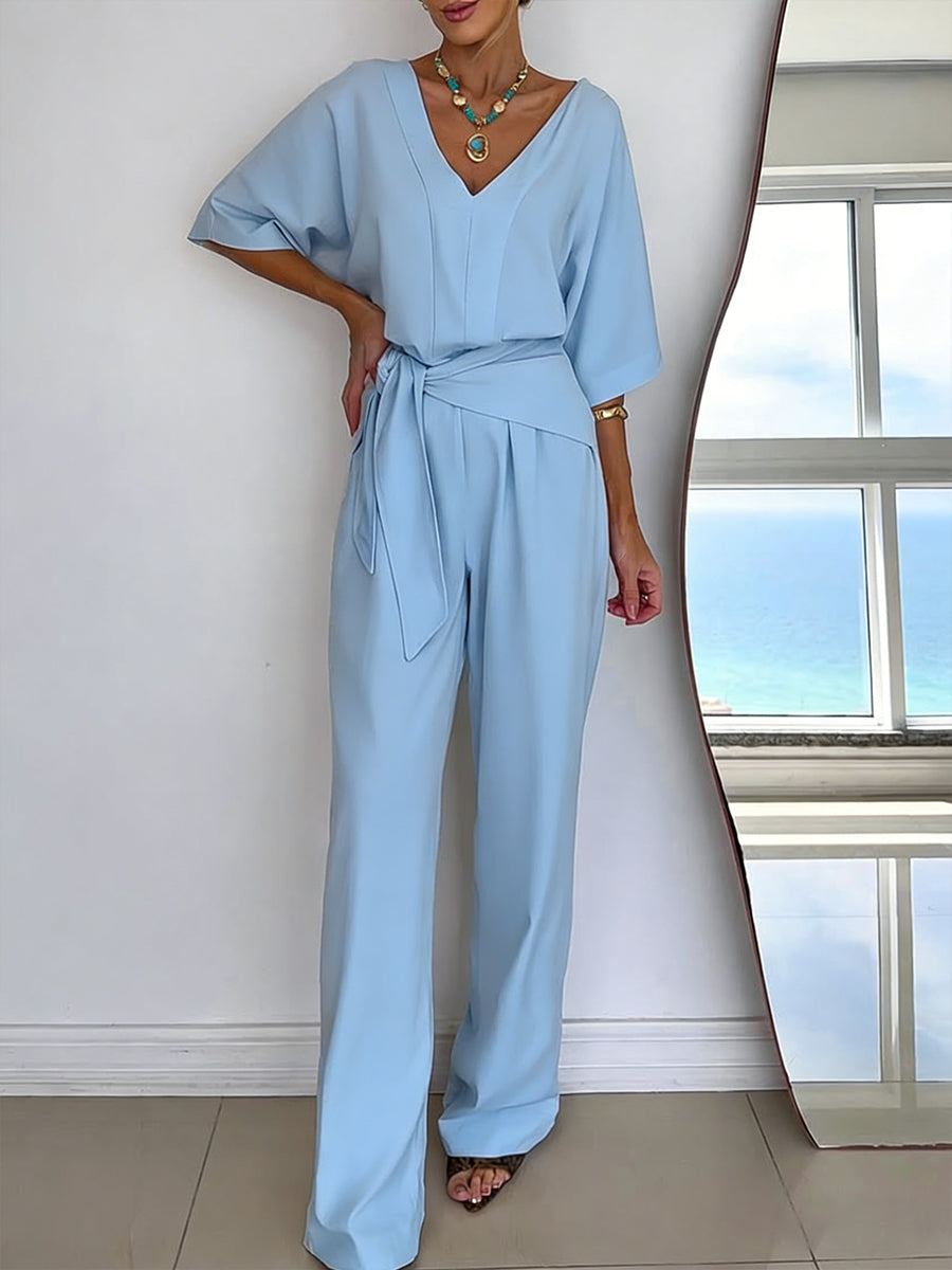Dames Jumpsuit met V-hals, Vleermuismouwen en Strikceintuur Lichtblauw