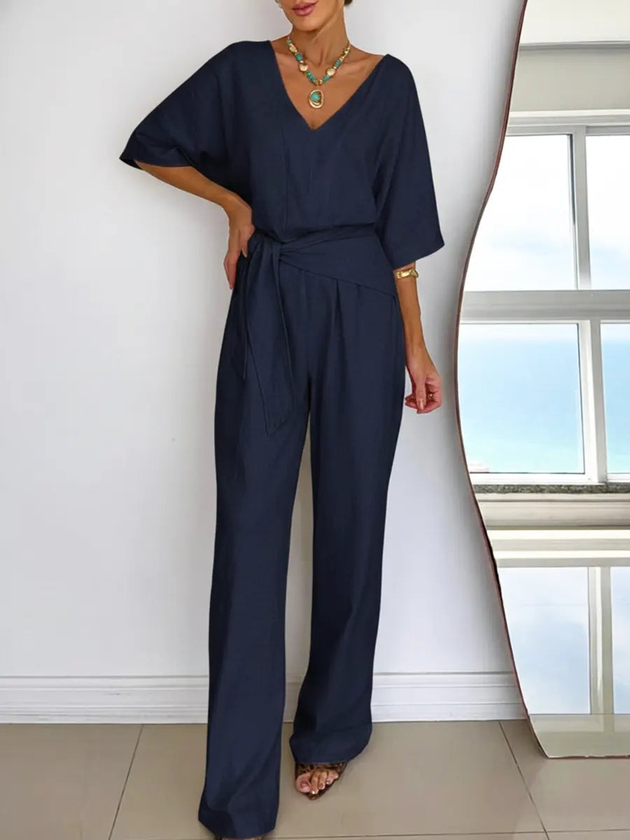 Dames Jumpsuit met V-hals, Vleermuismouwen en Strikceintuur Marineblauw
