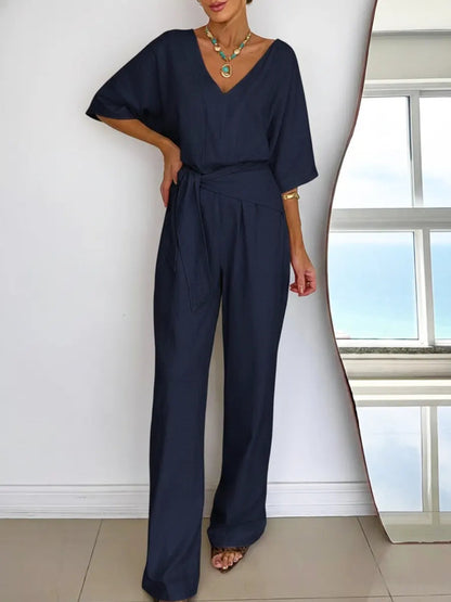 Dames Jumpsuit met V-hals, Vleermuismouwen en Strikceintuur Marineblauw