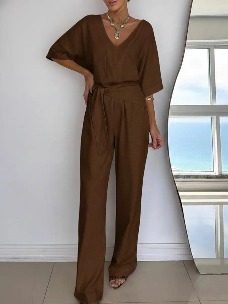 Dames Jumpsuit met V-hals, Vleermuismouwen en Strikceintuur Bruin
