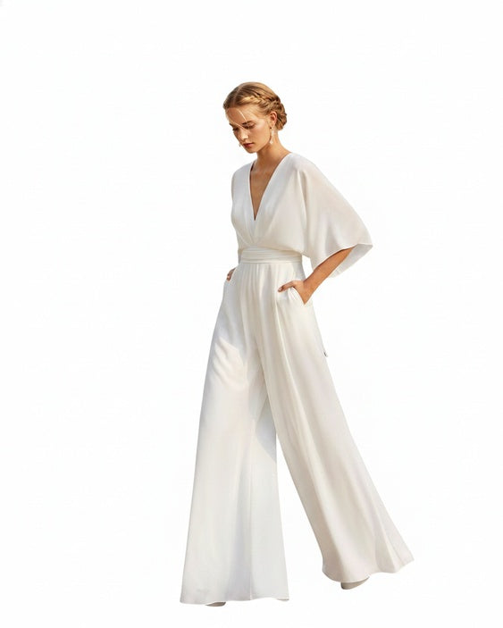 Dames Jumpsuit met V-hals, Vlindermouw en Wijde Pijpen