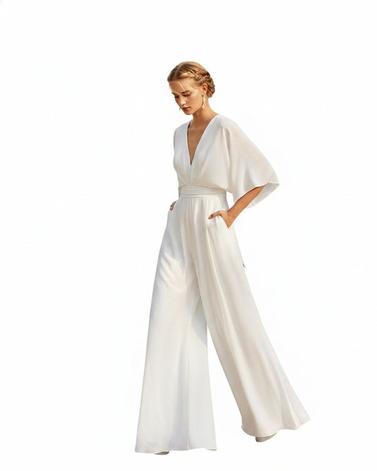 Dames Jumpsuit met V-hals, Vlindermouw en Wijde Pijpen