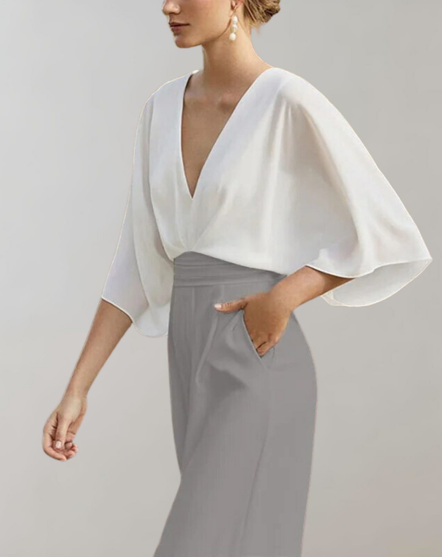 Dames Jumpsuit met V-hals, Vlindermouw en Wijde Pijpen Wit Grijs
