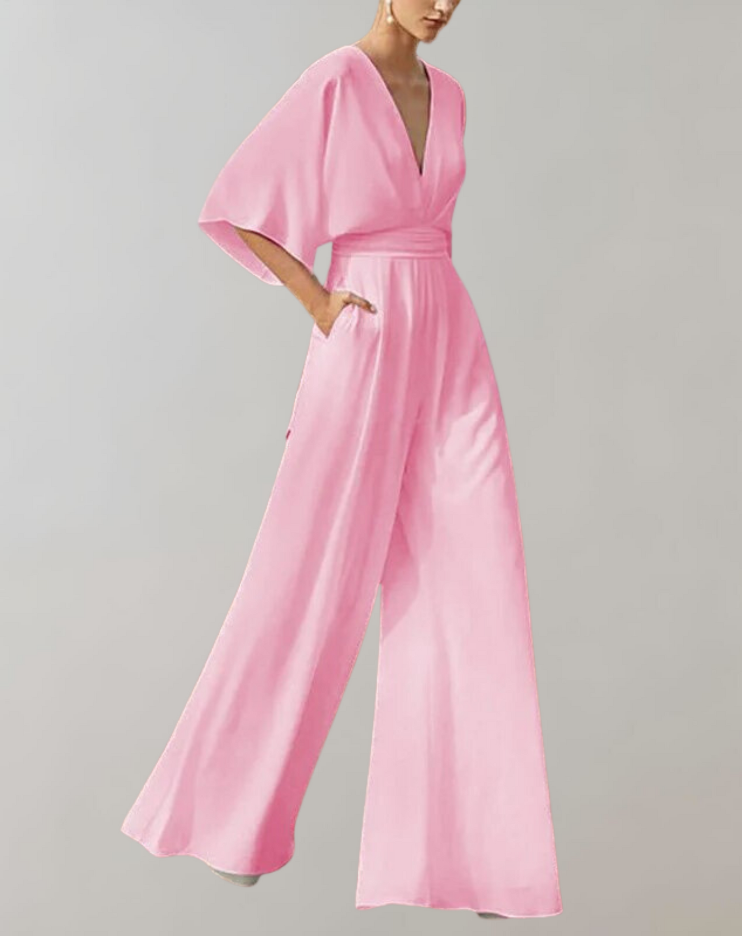Dames Jumpsuit met V-hals, Vlindermouw en Wijde Pijpen Roze