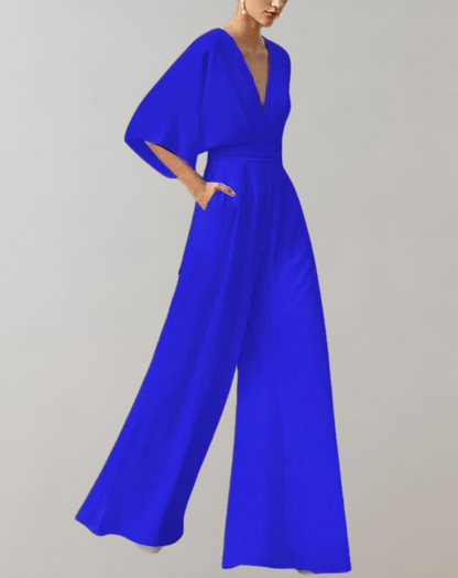 Dames Jumpsuit met V-hals, Vlindermouw en Wijde Pijpen Blauw