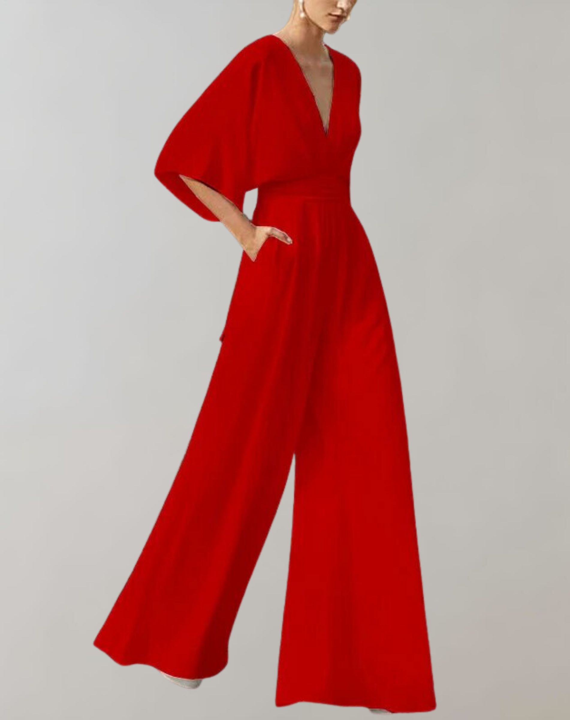 Dames Jumpsuit met V-hals, Vlindermouw en Wijde Pijpen Rood