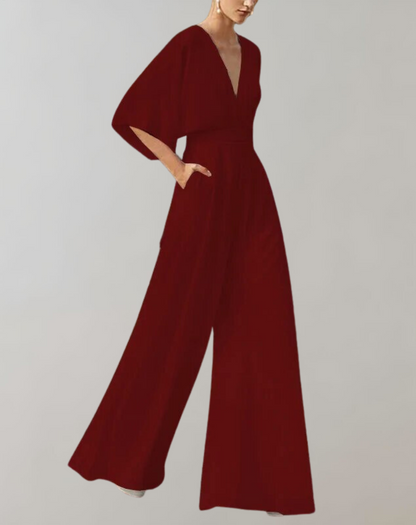 Dames Jumpsuit met V-hals, Vlindermouw en Wijde Pijpen Donkerrood