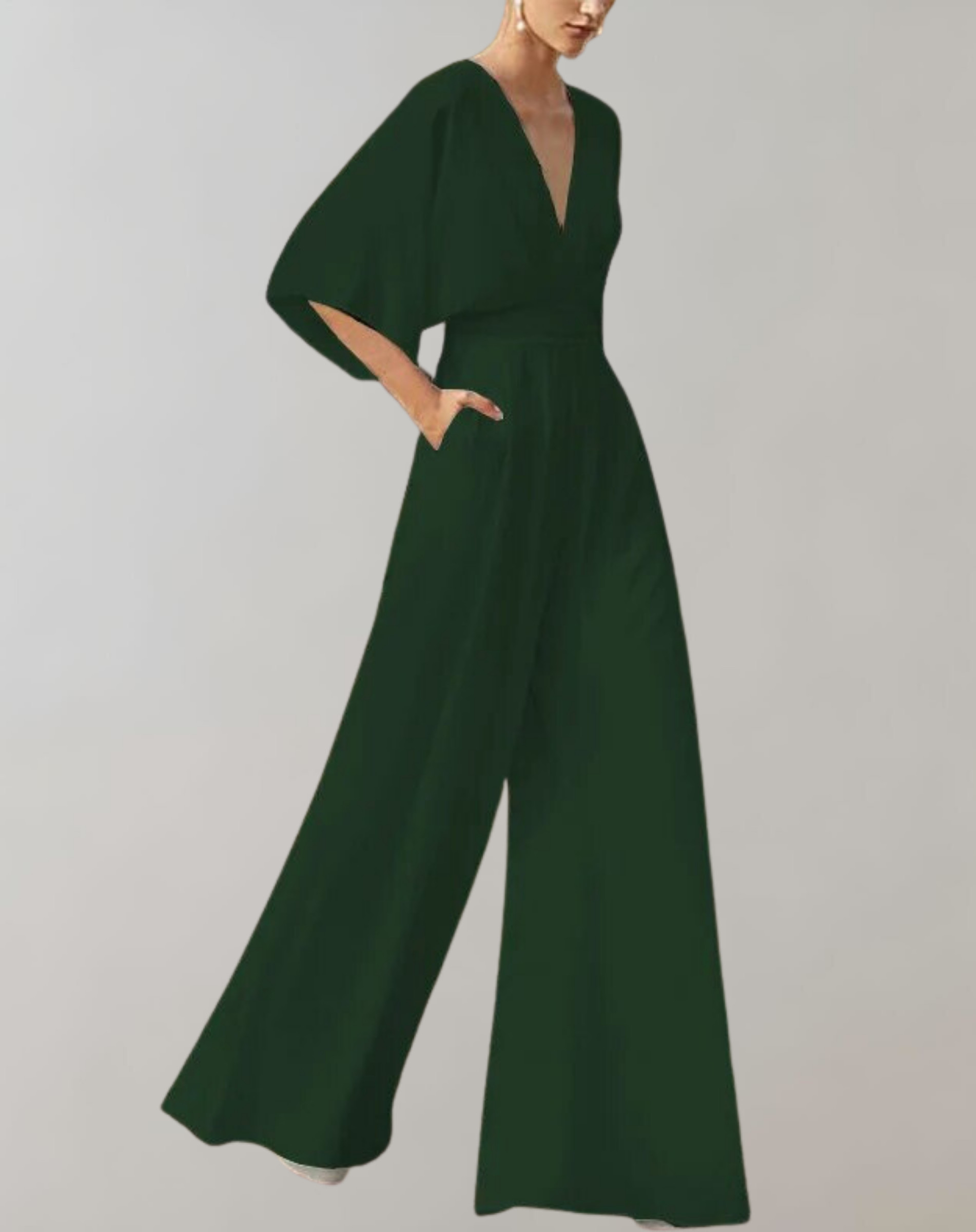 Dames Jumpsuit met V-hals, Vlindermouw en Wijde Pijpen Groen