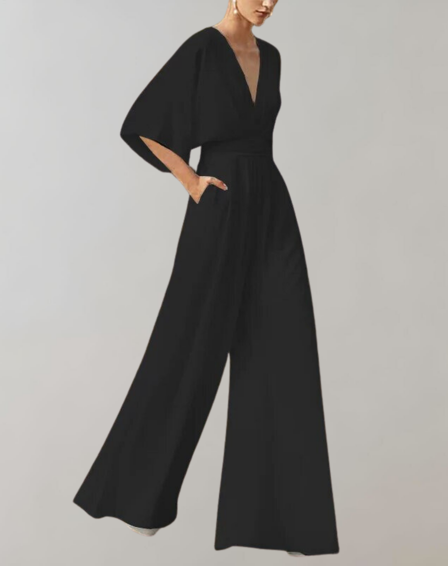 Dames Jumpsuit met V-hals, Vlindermouw en Wijde Pijpen Zwart