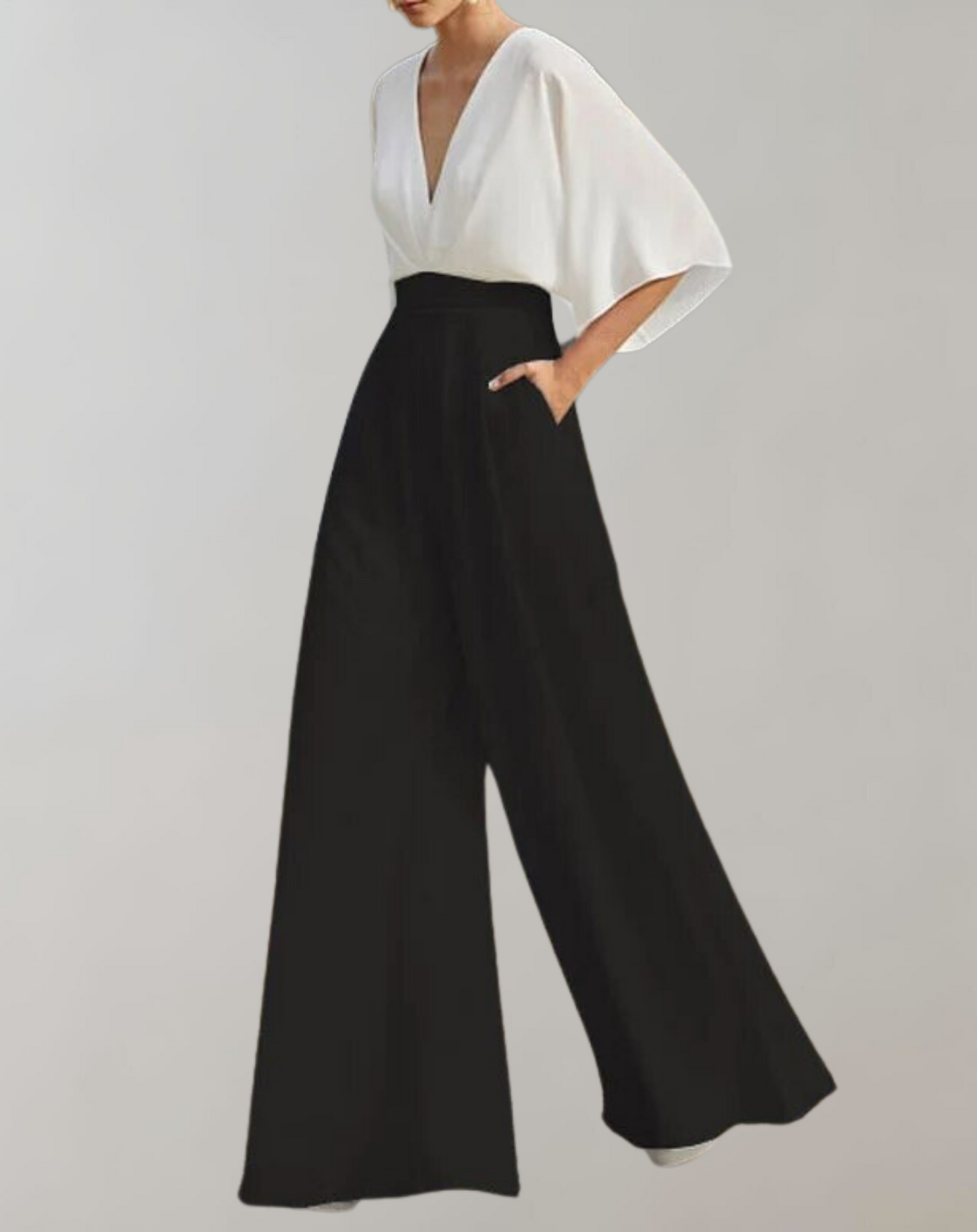 Dames Jumpsuit met V-hals, Vlindermouw en Wijde Pijpen Wit Zwart