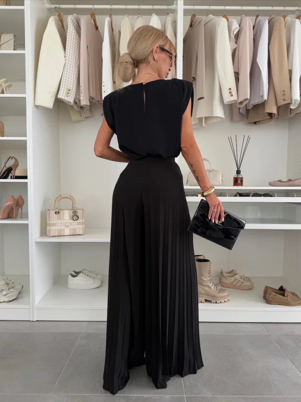 Dames Jumpsuit Mouwloos met Geplooide Broek en Ronde Hals