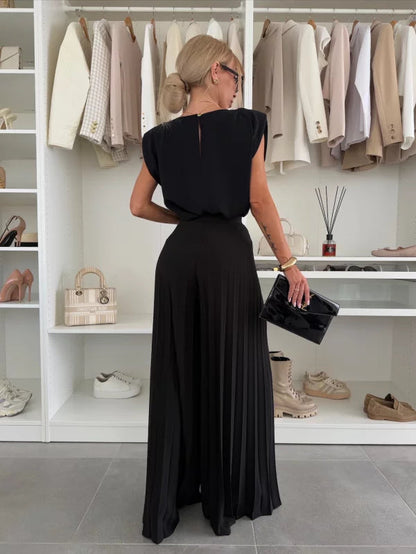 Dames Jumpsuit Mouwloos met Geplooide Broek en Ronde Hals