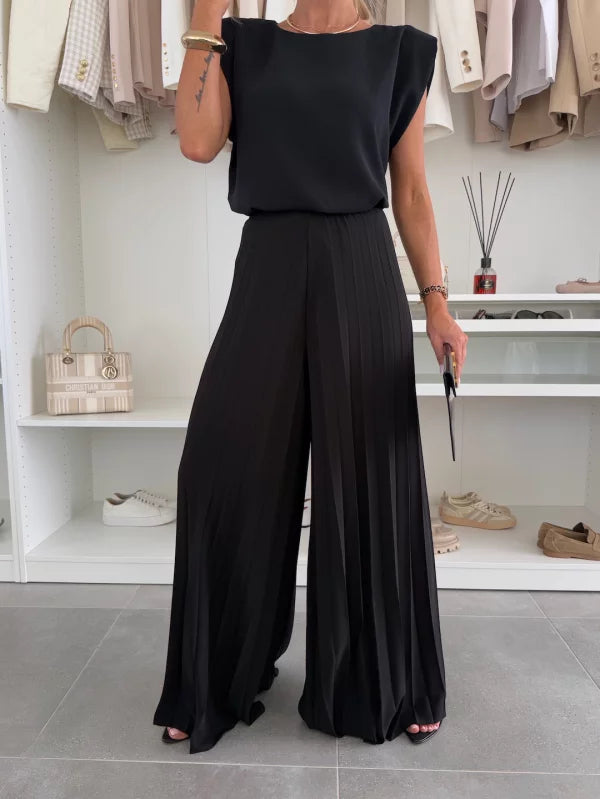 Dames Jumpsuit Mouwloos met Geplooide Broek en Ronde Hals