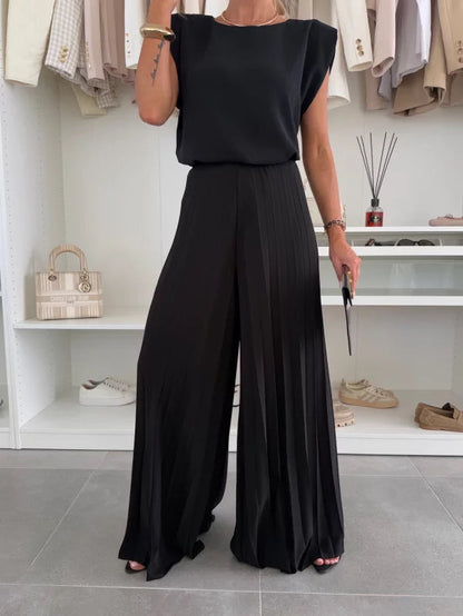 Dames Jumpsuit Mouwloos met Geplooide Broek en Ronde Hals