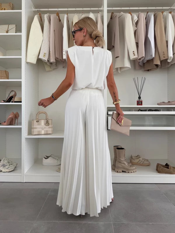 Dames Jumpsuit Mouwloos met Geplooide Broek en Ronde Hals