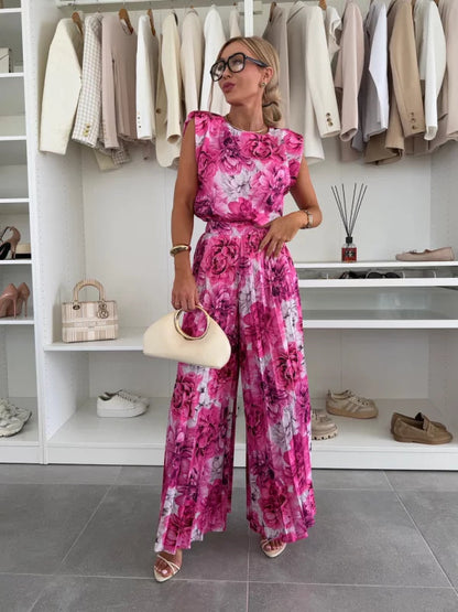 Dames Jumpsuit Mouwloos met Geplooide Broek en Ronde Hals Roze