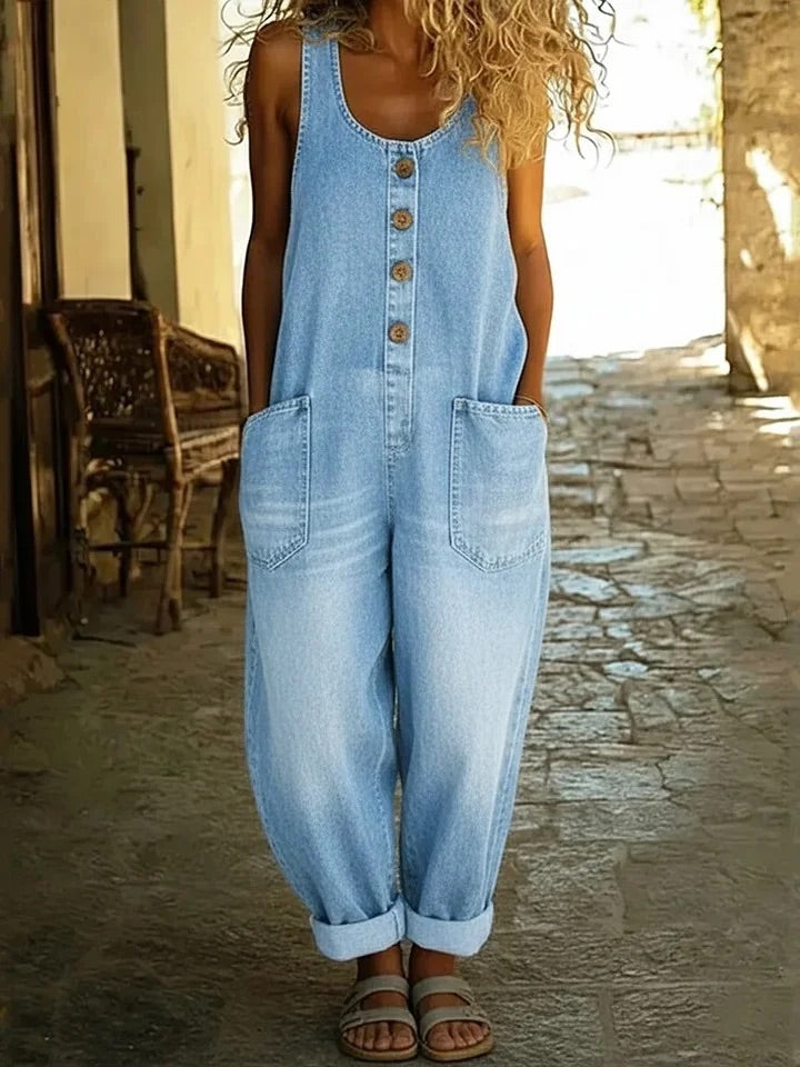 Dames Jumpsuit Mouwloos met Knoopsluiting en Zakken Lichtblauw