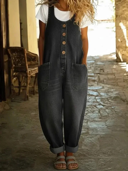 Dames Jumpsuit Mouwloos met Knoopsluiting en Zakken Zwart