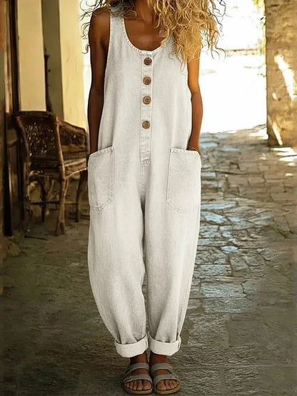 Dames Jumpsuit Mouwloos met Knoopsluiting en Zakken Wit