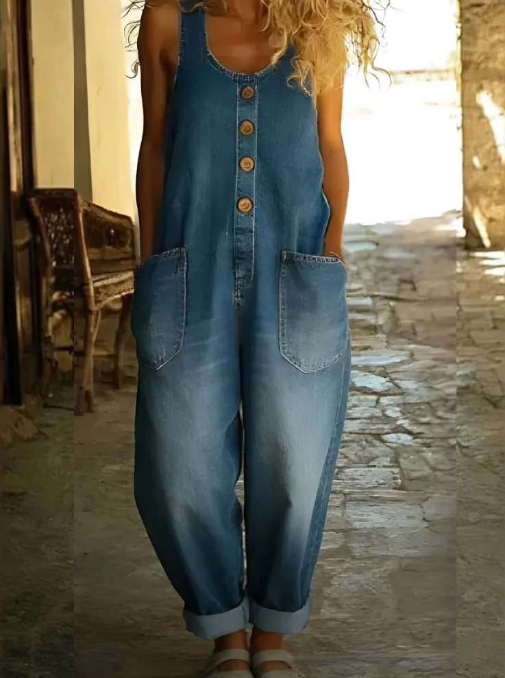 Dames Jumpsuit Mouwloos met Knoopsluiting en Zakken Donkerblauw