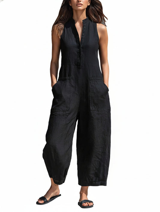 Dames Jumpsuit Mouwloos met Staande Kraag en Wijde Pijp