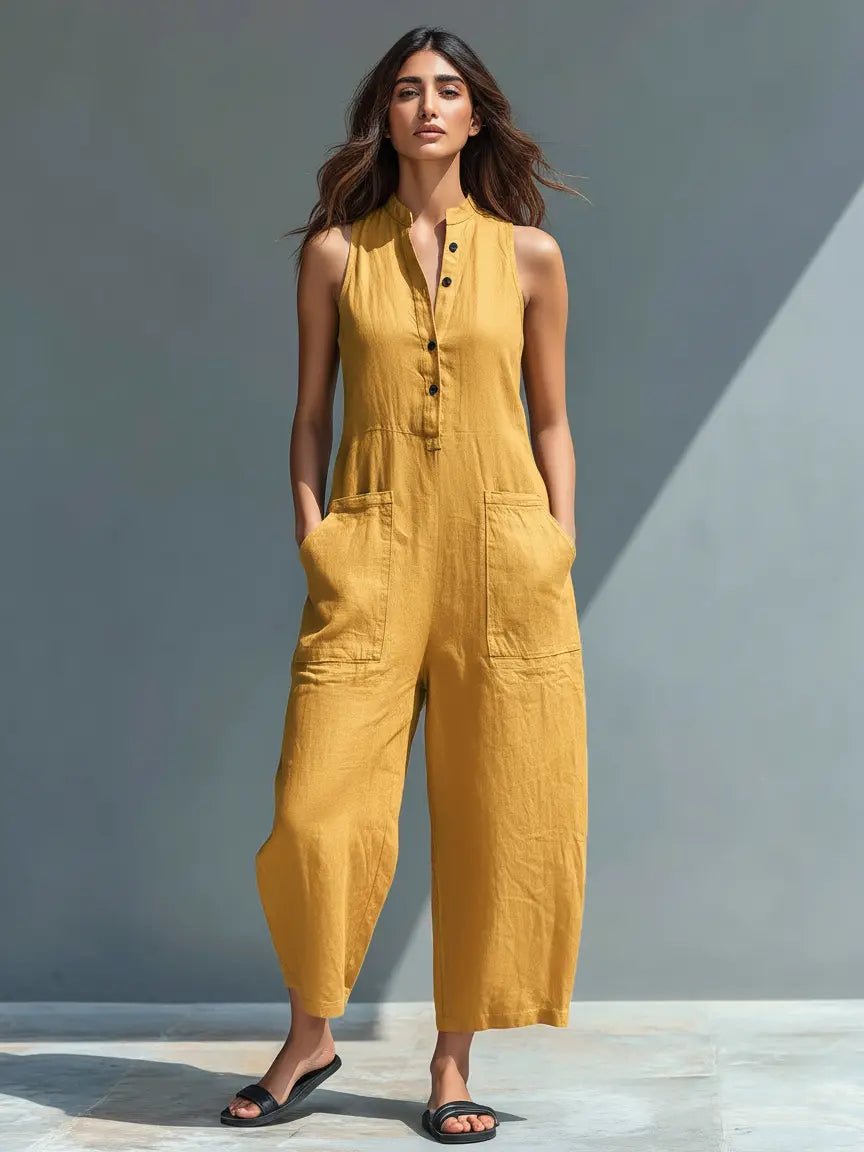 Dames Jumpsuit Mouwloos met Staande Kraag en Wijde Pijp Geel