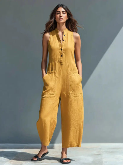 Dames Jumpsuit Mouwloos met Staande Kraag en Wijde Pijp Geel