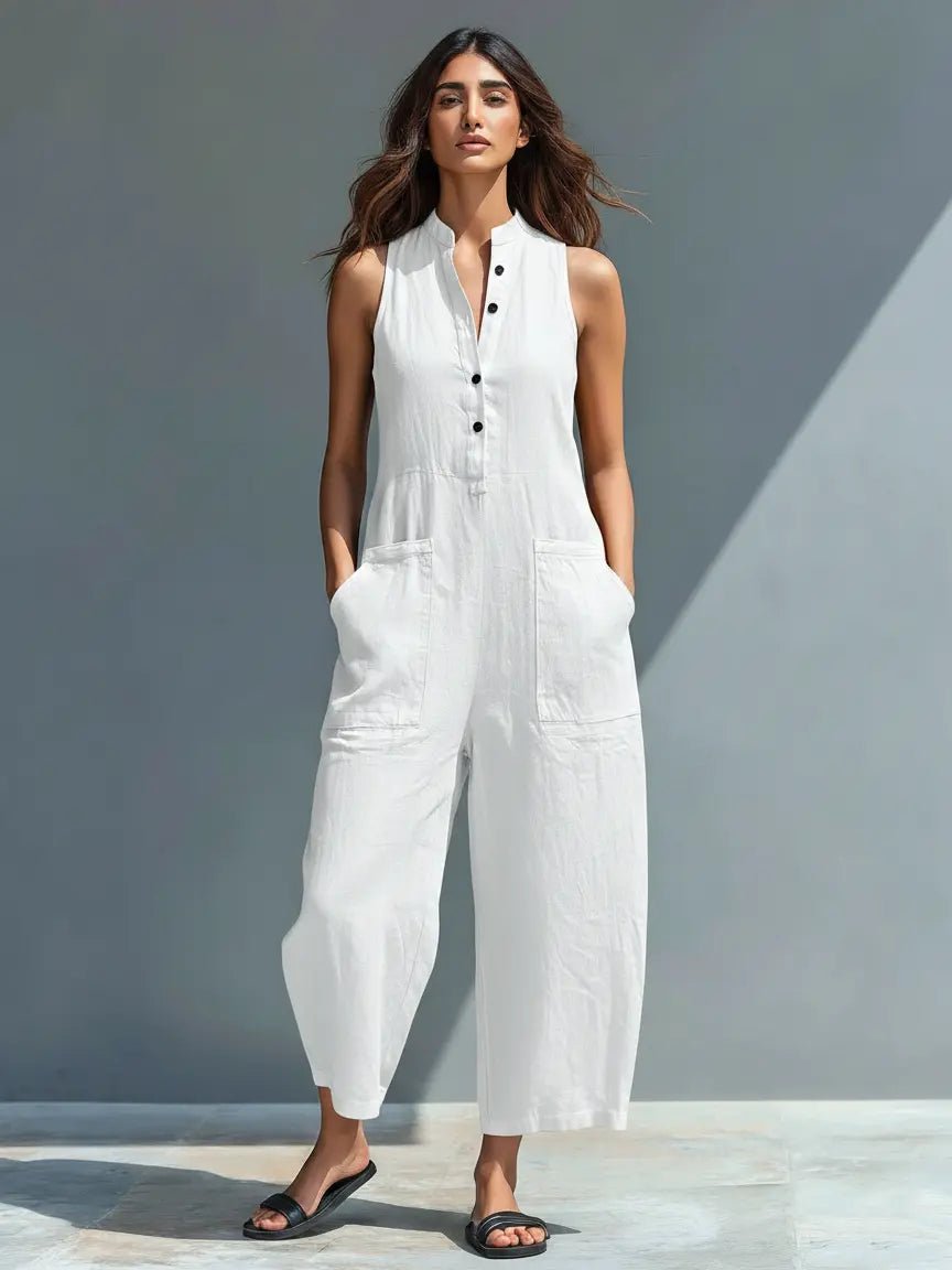 Dames Jumpsuit Mouwloos met Staande Kraag en Wijde Pijp Wit