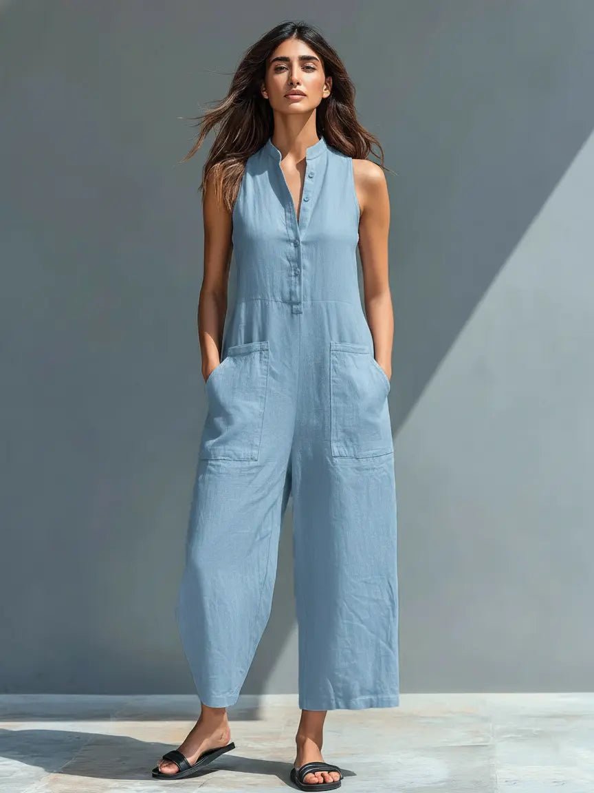 Dames Jumpsuit Mouwloos met Staande Kraag en Wijde Pijp Blauw