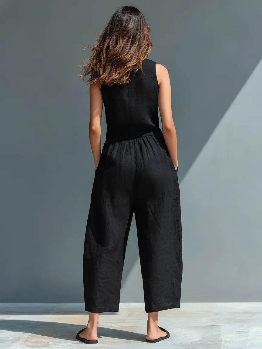 Dames Jumpsuit Mouwloos met Staande Kraag en Wijde Pijp