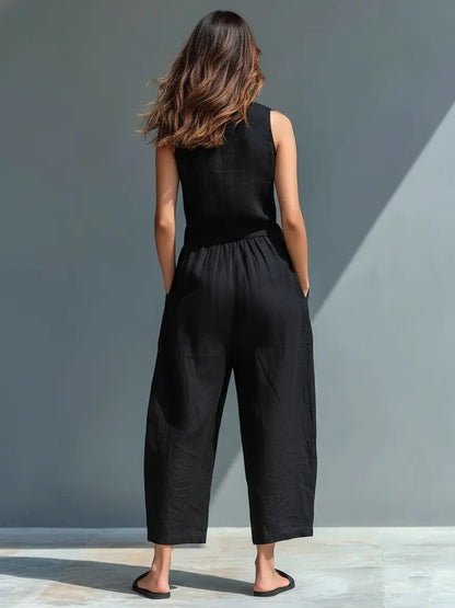 Dames Jumpsuit Mouwloos met Staande Kraag en Wijde Pijp