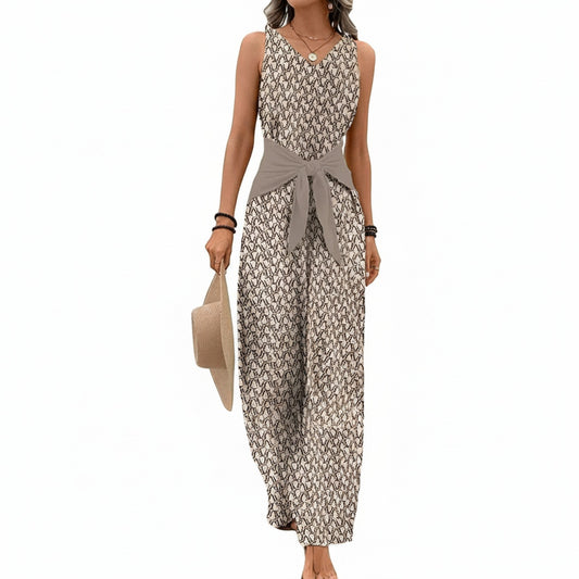 Dames Jumpsuit Mouwloos met V-hals en Strikceintuur Grafische Print