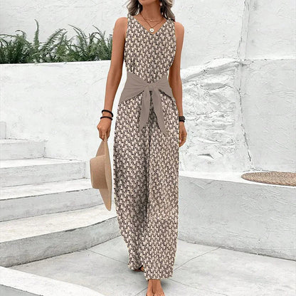 Dames Jumpsuit Mouwloos met V-hals en Strikceintuur Grafische Print Beige