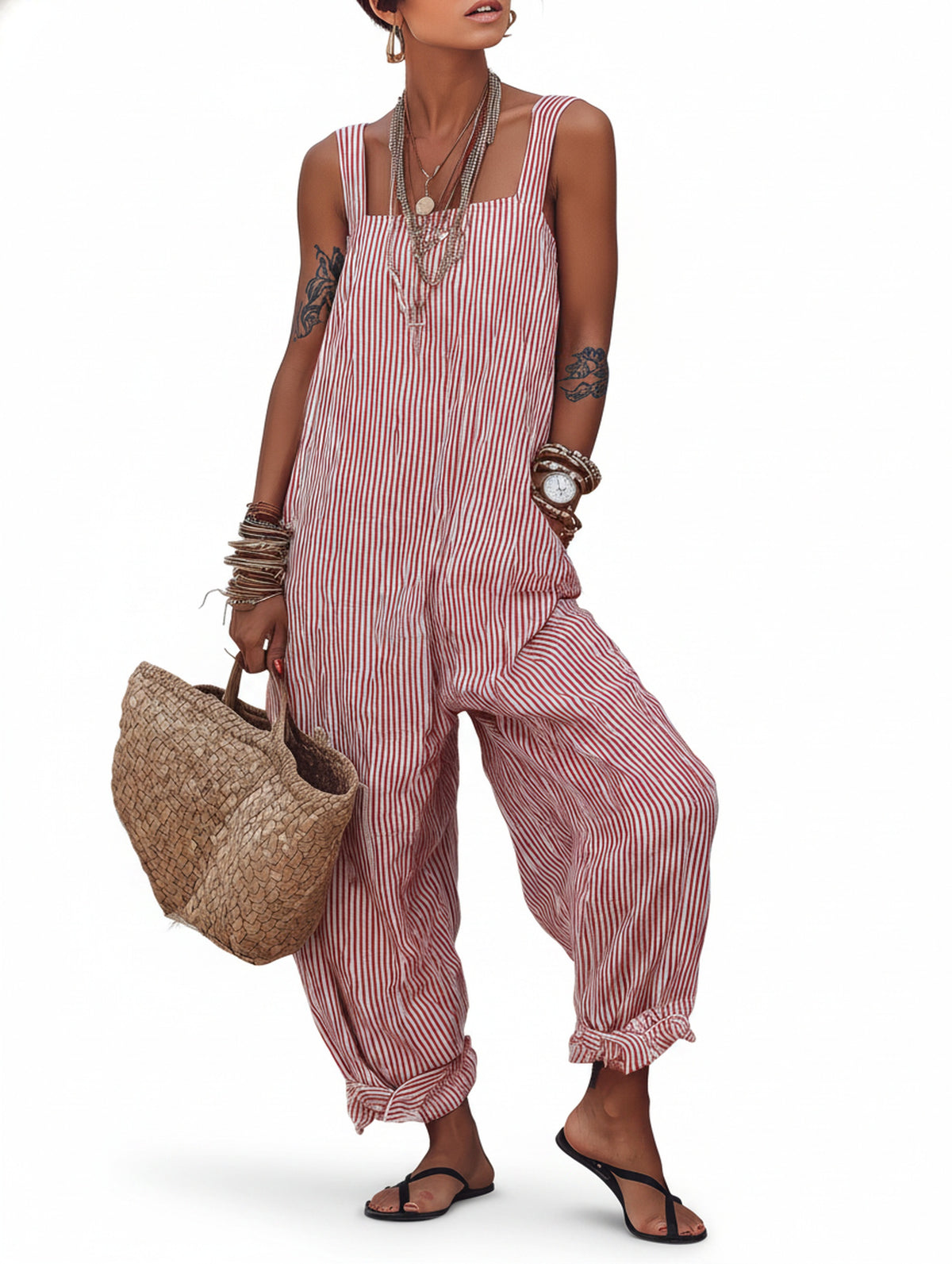 Dames Jumpsuit Mouwloos met Vierkante Hals en Wijde Pijp Streepprint