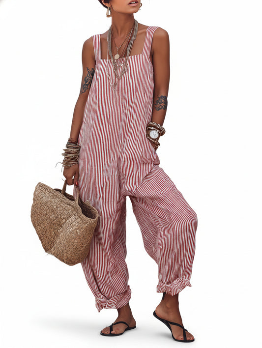 Dames Jumpsuit Mouwloos met Vierkante Hals en Wijde Pijp Streepprint