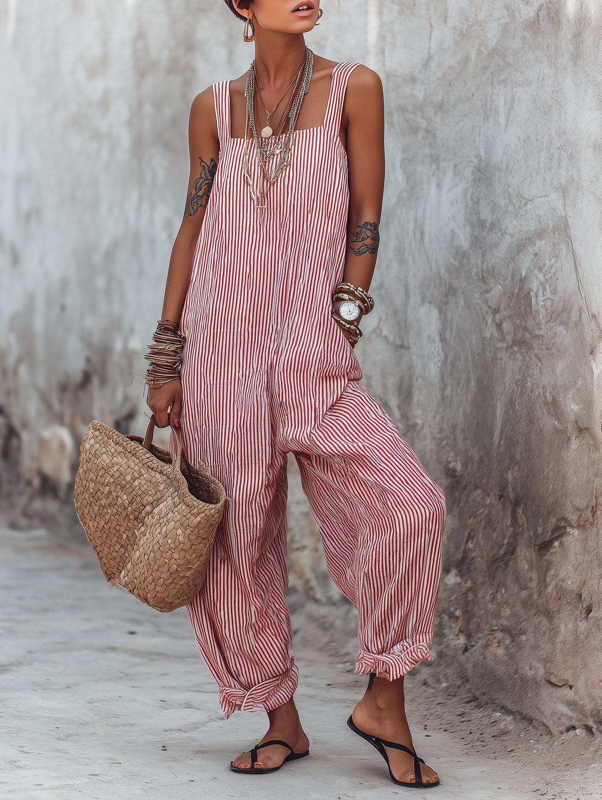 Dames Jumpsuit Mouwloos met Vierkante Hals en Wijde Pijp Streepprint Rood