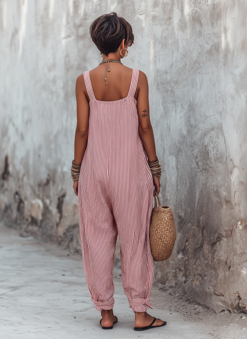 Dames Jumpsuit Mouwloos met Vierkante Hals en Wijde Pijp Streepprint