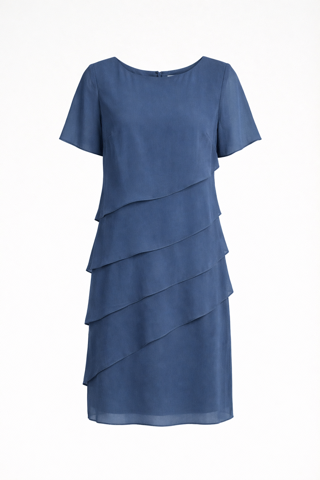 Dames Jurk Korte Mouw met Ronde Hals en Schuine Laagjes Knielengte Blauw
