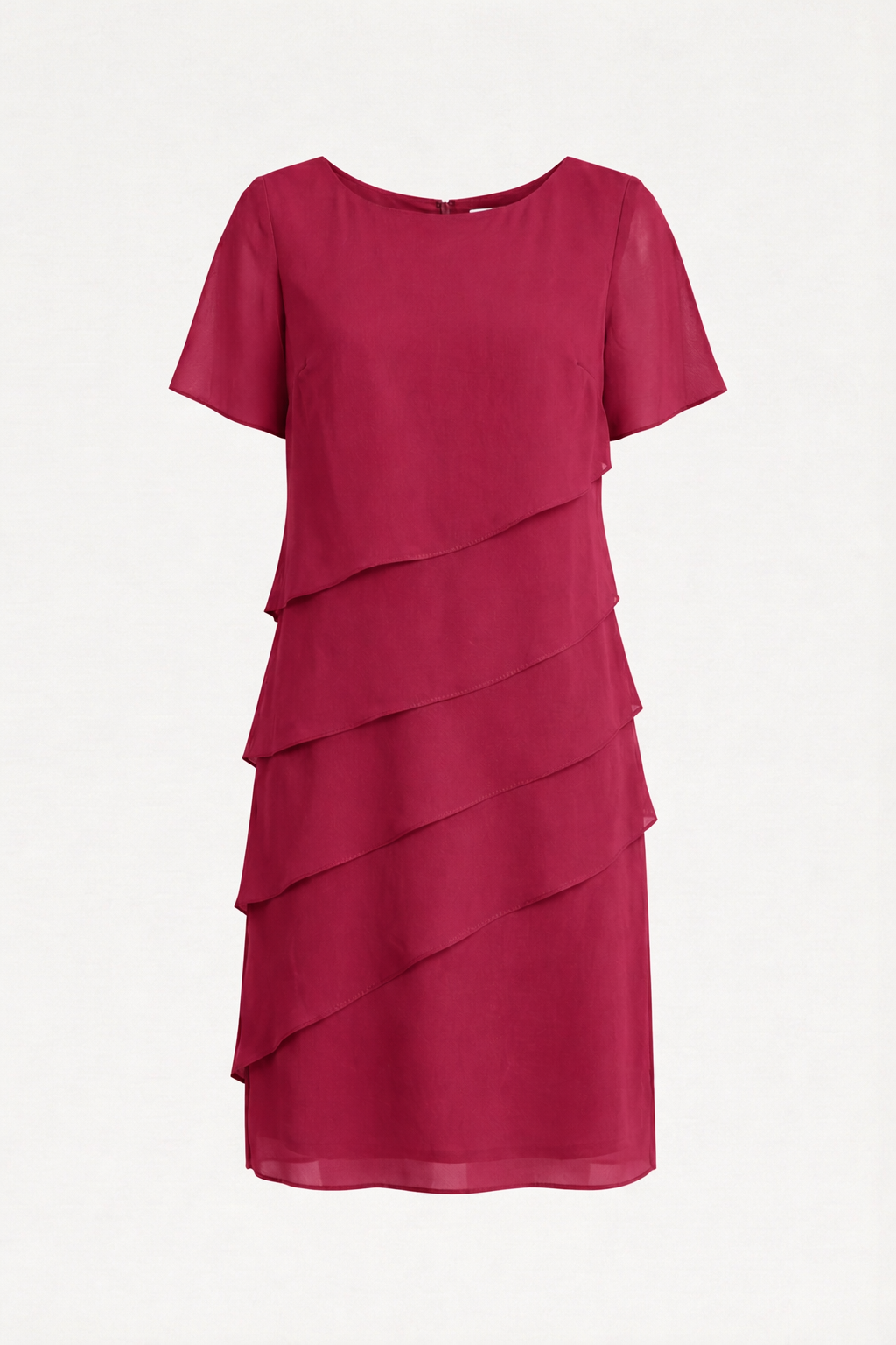 Dames Jurk Korte Mouw met Ronde Hals en Schuine Laagjes Knielengte Rood