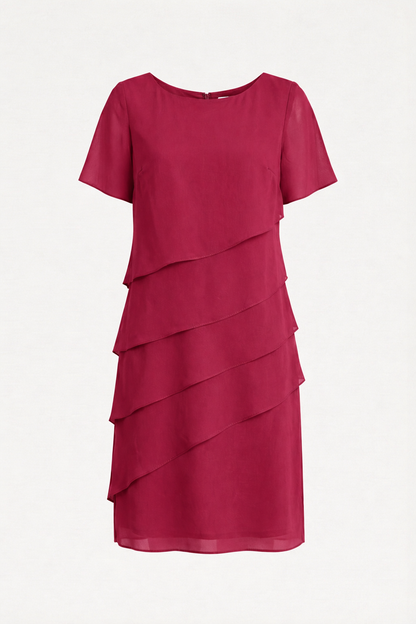 Dames Jurk Korte Mouw met Ronde Hals en Schuine Laagjes Knielengte Rood