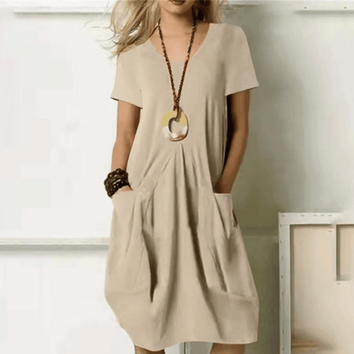 Dames Jurk Korte Mouw met V-hals en Zakken