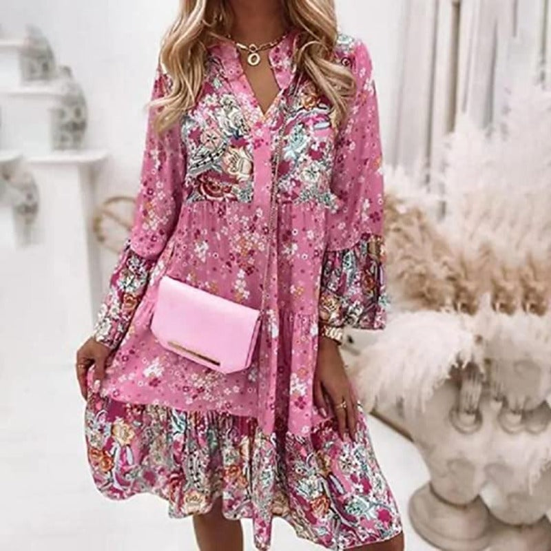 Dames Jurk met Bloemenprint, V-hals en Lange Mouwen Roze