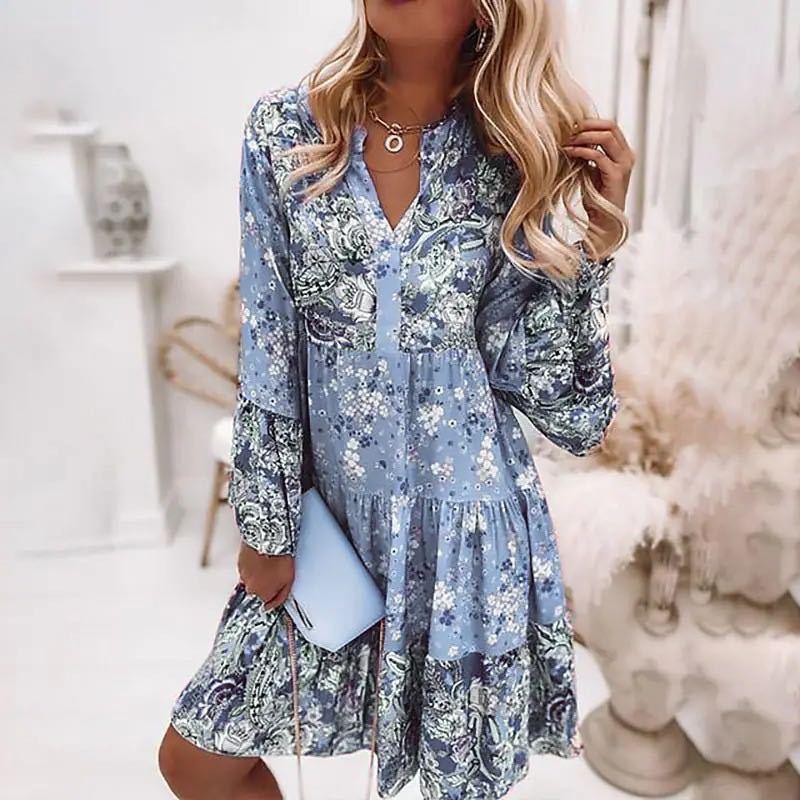 Dames Jurk met Bloemenprint, V-hals en Lange Mouwen Blauw