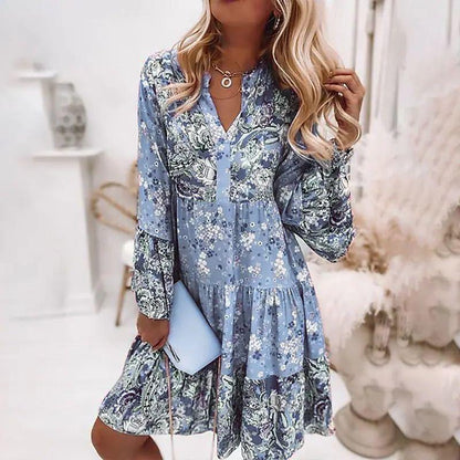 Dames Jurk met Bloemenprint, V-hals en Lange Mouwen Blauw