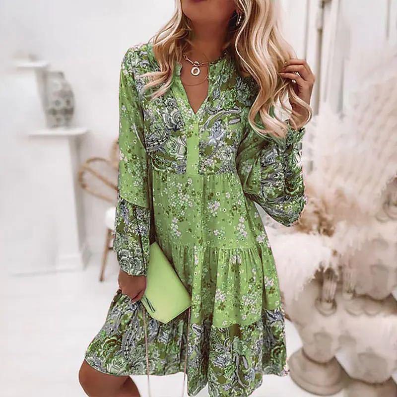 Dames Jurk met Bloemenprint, V-hals en Lange Mouwen Groen