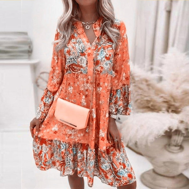 Dames Jurk met Bloemenprint, V-hals en Lange Mouwen Oranje