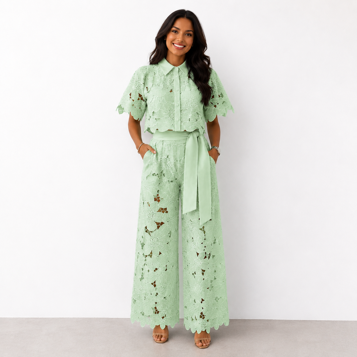 Dames Kanten Bloemen Crop Top en Wijde Broek Set met Strikceintuur Groen