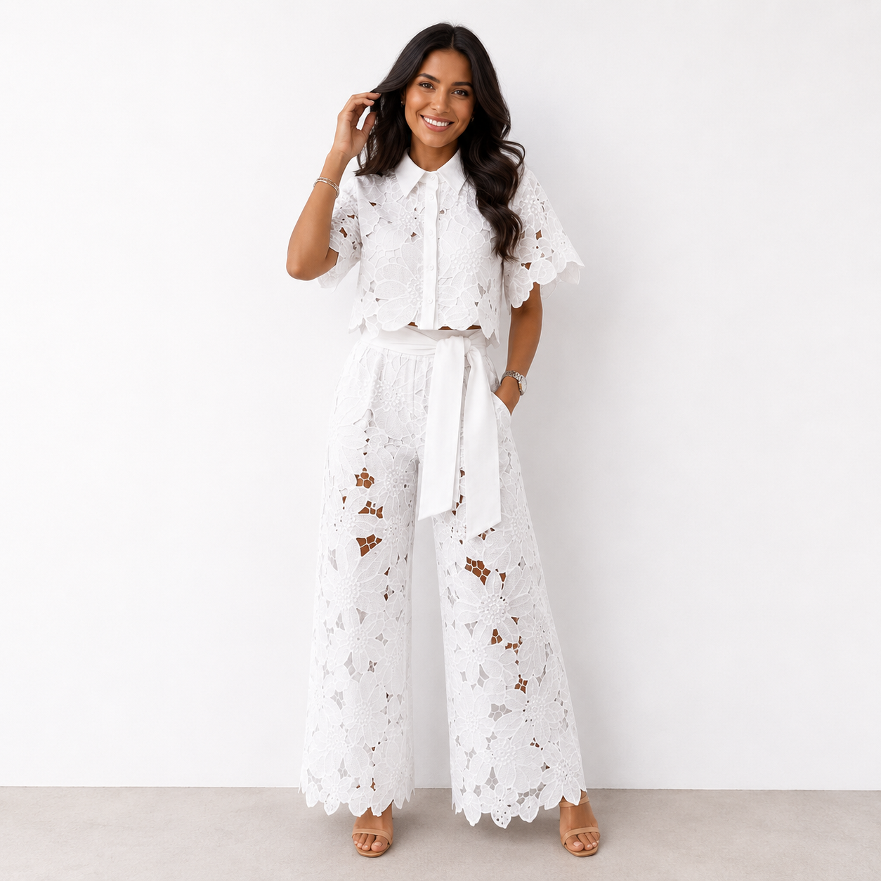 Dames Kanten Bloemen Crop Top en Wijde Broek Set met Strikceintuur